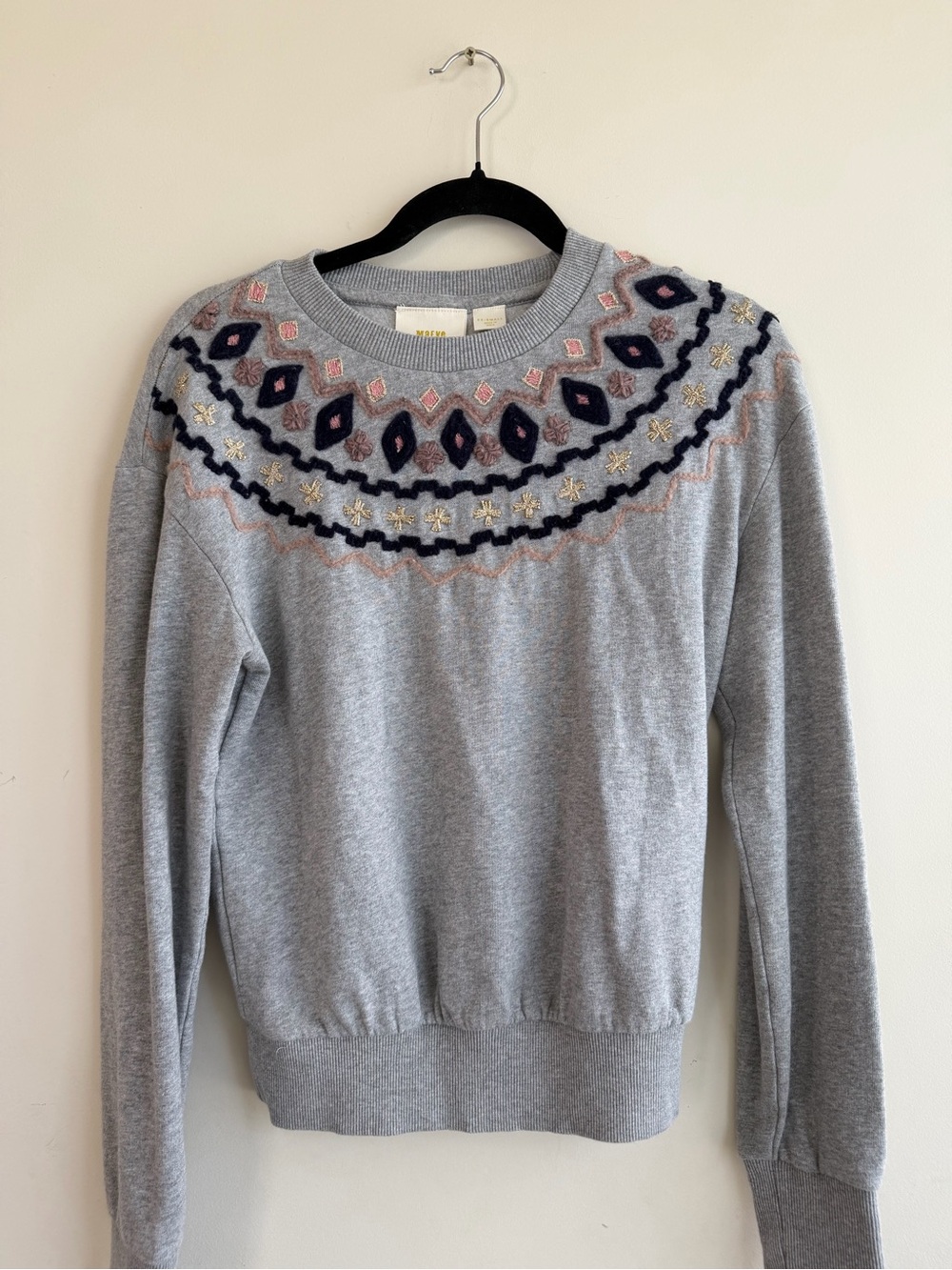 Anthropologie Grey Crewneck Sweatshirt with Navy & Blush Embroidery